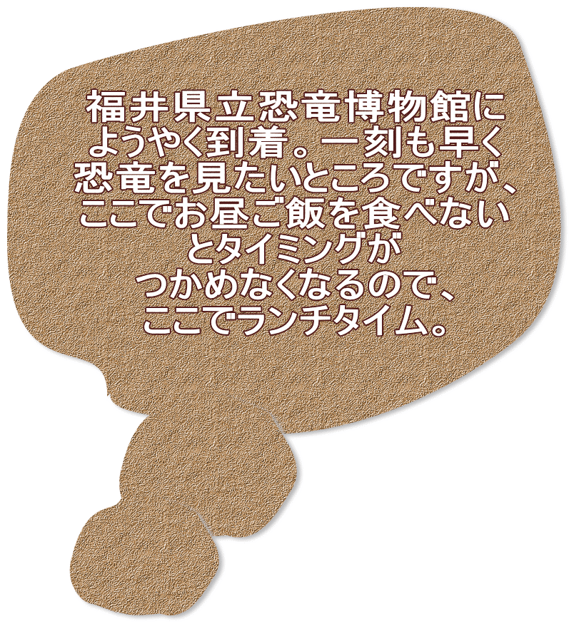 福井県立恐竜博物館に ようやく到着。一刻も早く 恐竜を見たいところですが、 ここでお昼ご飯を食べない とタイミングが つかめなくなるので、 ここでランチタイム。 
