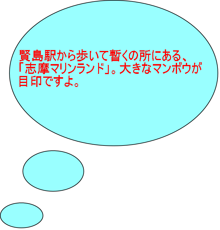 賢島駅から歩いて暫くの所にある、 「志摩マリンランド」。大きなマンボウが 目印ですよ。