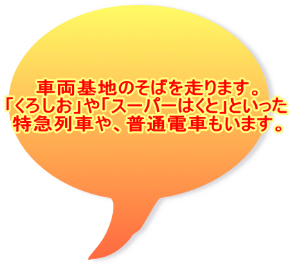 車両基地のそばを走ります。 「くろしお」や「スーパーはくと」といった 特急列車や、普通電車もいます。 