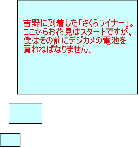 吉野に到着した「さくらライナー」。 ここからお花見はスタートですが、 僕はその前にデジカメの電池を 買わねばなりません。