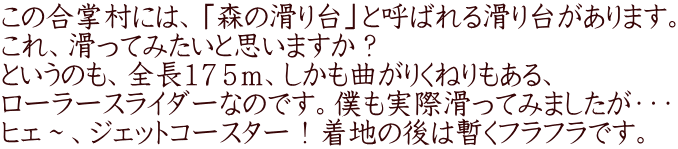 この合掌村には、「森の滑り台」と呼ばれる滑り台があります。 これ、滑ってみたいと思いますか？ というのも、全長１７５ｍ、しかも曲がりくねりもある、 ローラースライダーなのです。僕も実際滑ってみましたが・・・ ヒェ～、ジェットコースター！着地の後は暫くフラフラです。