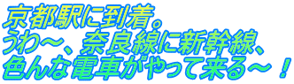 京都駅に到着。 うわ～、奈良線に新幹線、 色んな電車がやって来る～！