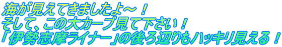 海が見えてきましたよ～！ そして、この大カーブ見て下さい！ 「伊勢志摩ライナー」の後ろ辺りもハッキリ見える！