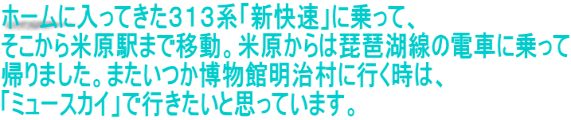 ホームに入ってきた３１３系「新快速」に乗って、 そこから米原駅まで移動。米原からは琵琶湖線の電車に乗って 帰りました。またいつか博物館明治村に行く時は、 「ミュースカイ」で行きたいと思っています。