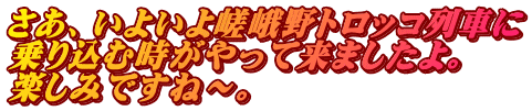 さあ、いよいよ嵯峨野トロッコ列車に 乗り込む時がやって来ましたよ。 楽しみですね～。