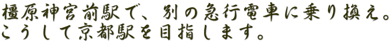 橿原神宮前駅で、別の急行電車に乗り換え。 こうして京都駅を目指します。