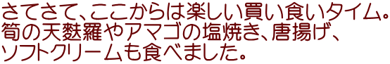 さてさて、ここからは楽しい買い食いタイム。 筍の天麩羅やアマゴの塩焼き、唐揚げ、 ソフトクリームも食べました。